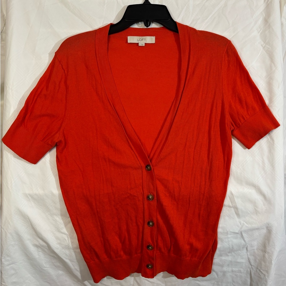 LOFT bright orange light-weight short-sleeved button-up cardigan GUC, medium